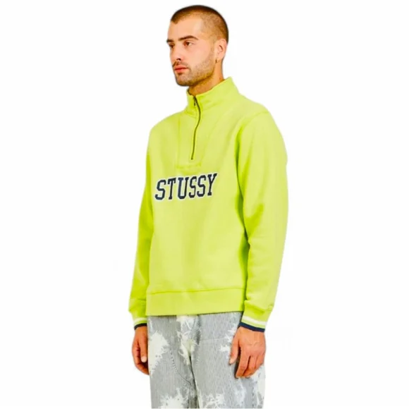 Stussy Contrast Rib Mock Neck Cotton Fleece Sweatshirt Men's Sz M Navy & Lime - Picture 15 of 16